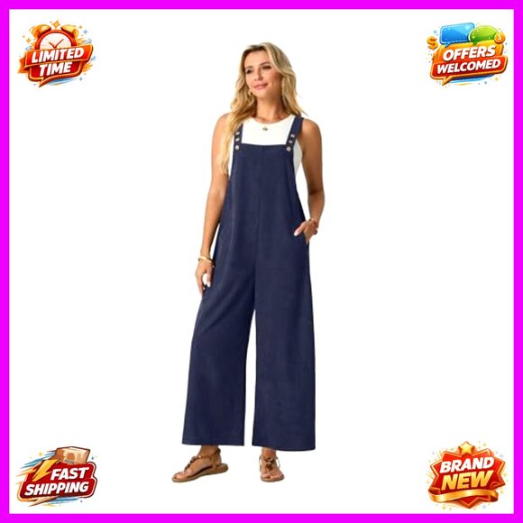 Corduroy Wide Leg Jumpsuit Adjustable Romper with Pockets Sleeveless Overalls - Picture 4 of 7